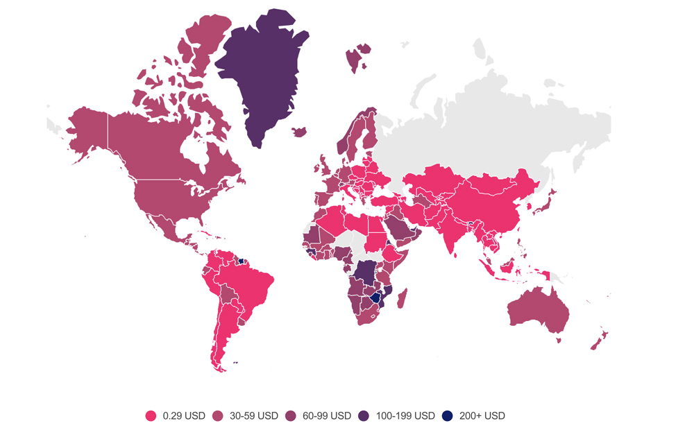 A colour-coded map of the countries with the cheapest internet in the world 