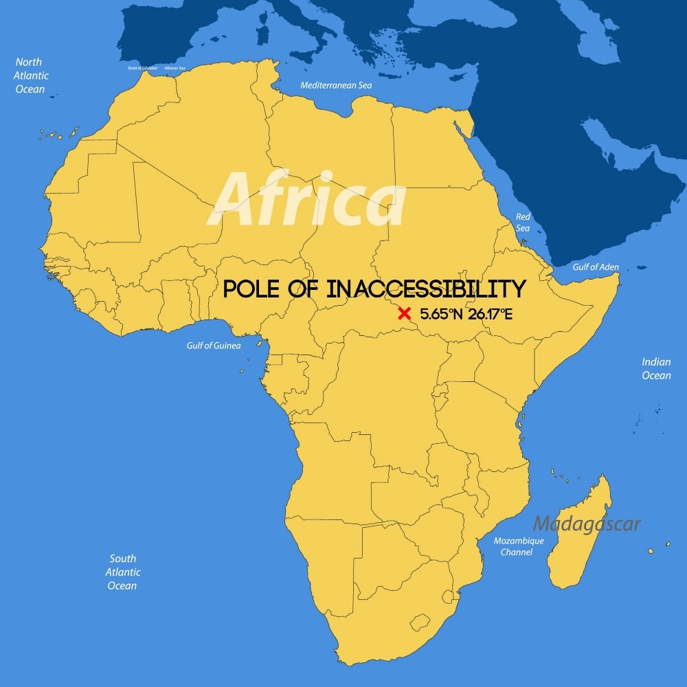 Map showing the African pole of inaccessibility