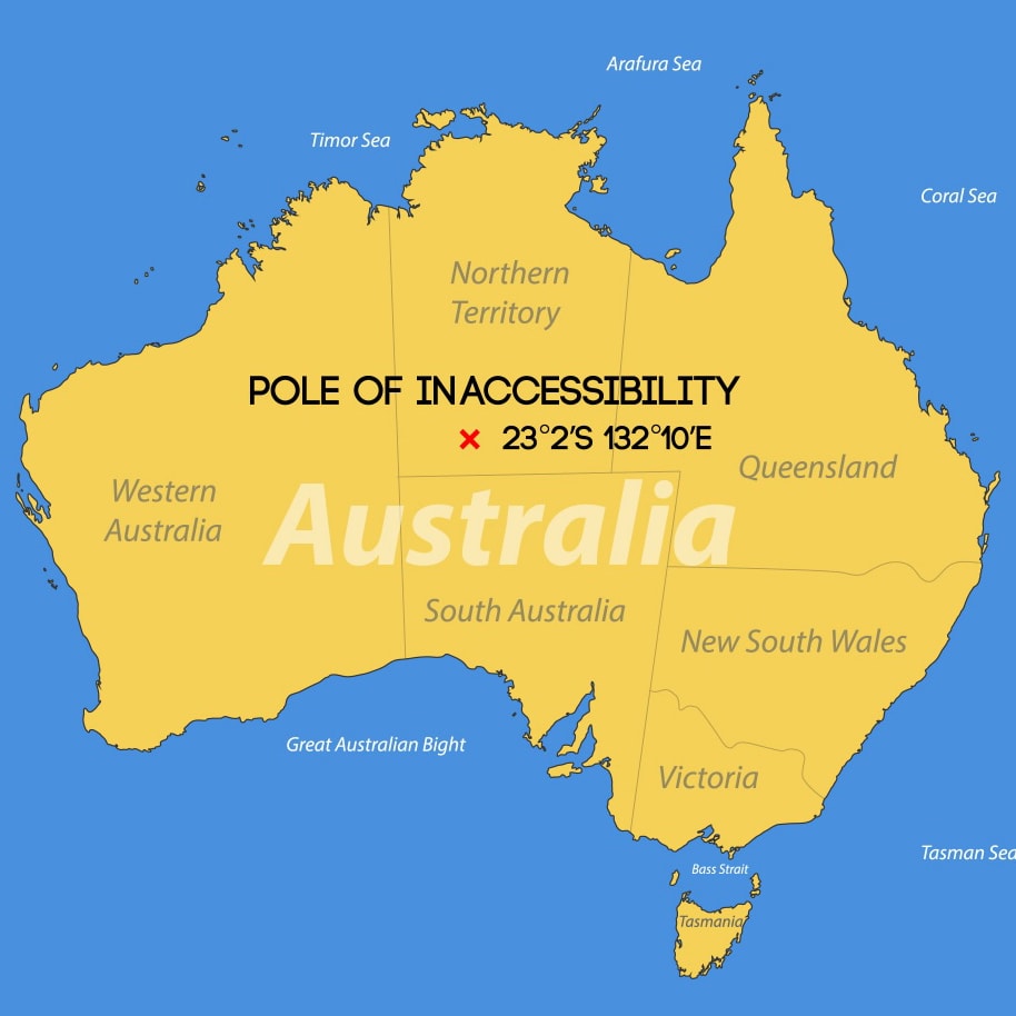 Map showing the Australian pole of inaccessibility