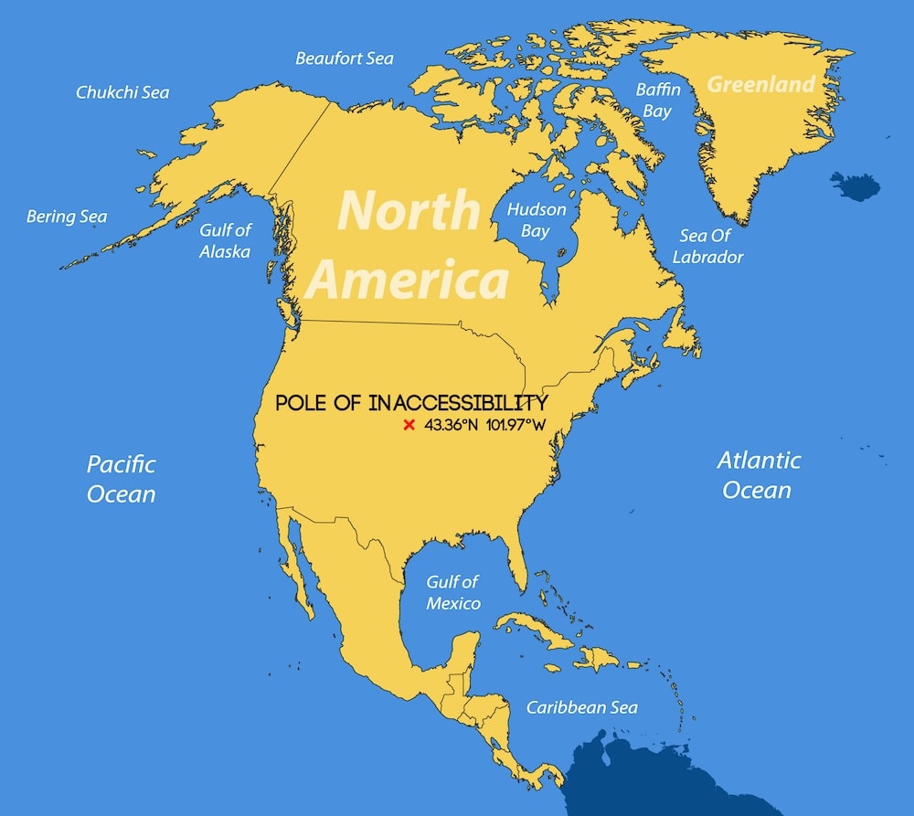 Map showing the North American pole of inaccessibility