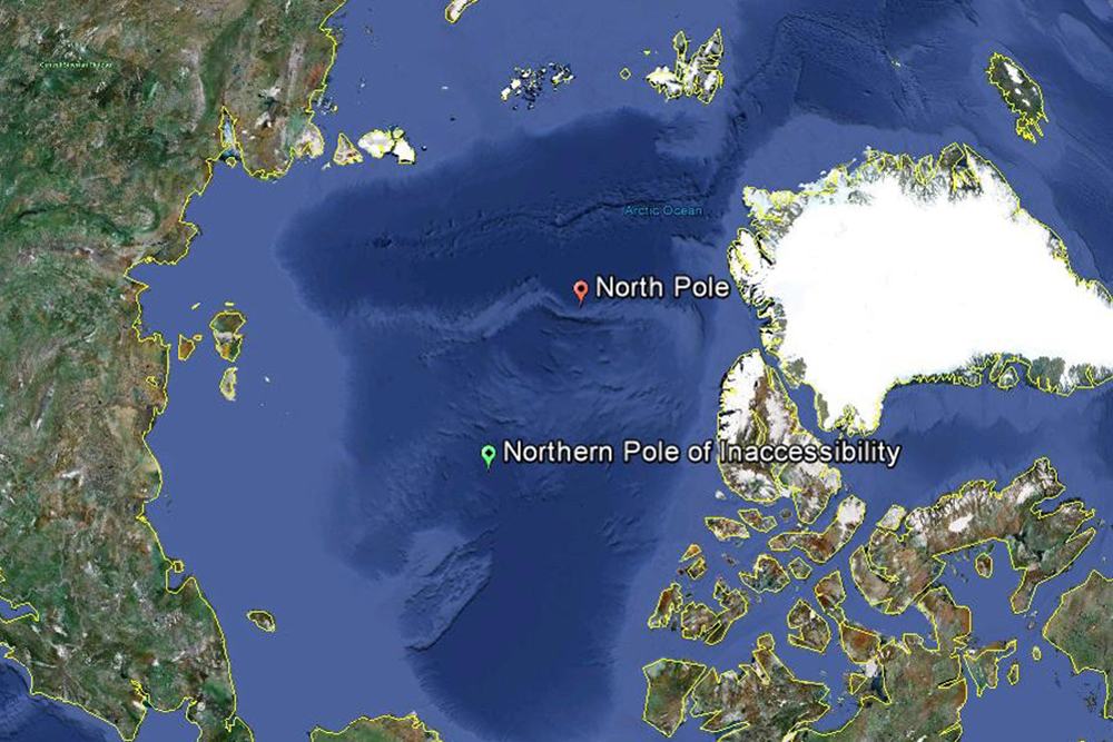 A map showing the north pole and northern pole of inaccessibility