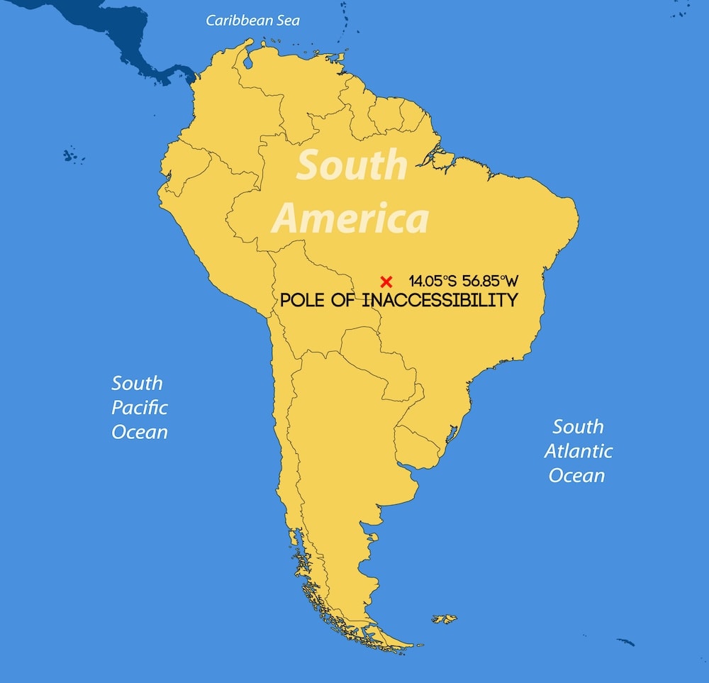 Map showing the South American pole of inaccessibility