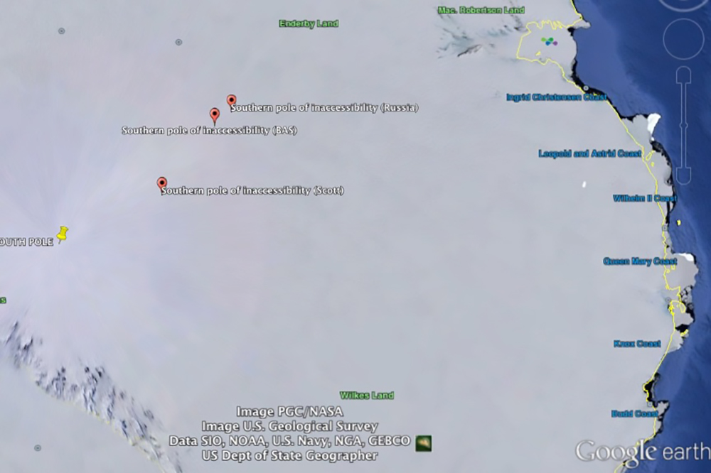A Google Earth screen grab depicting various locations of the southern pole of inaccessibility