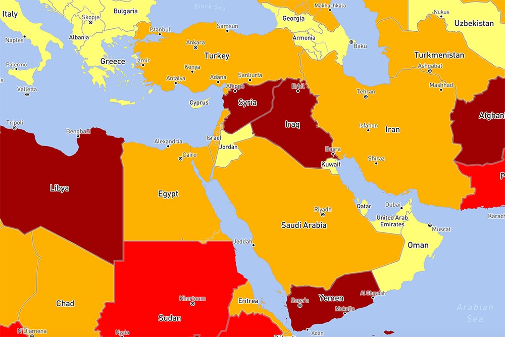 A close-up of the Middle East