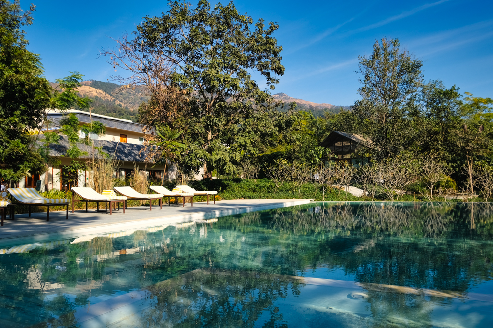 The swimming pool of Saraca Corbett in Jim Corbett National Park