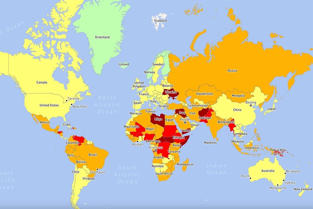 map of the most dangerous countries 2024