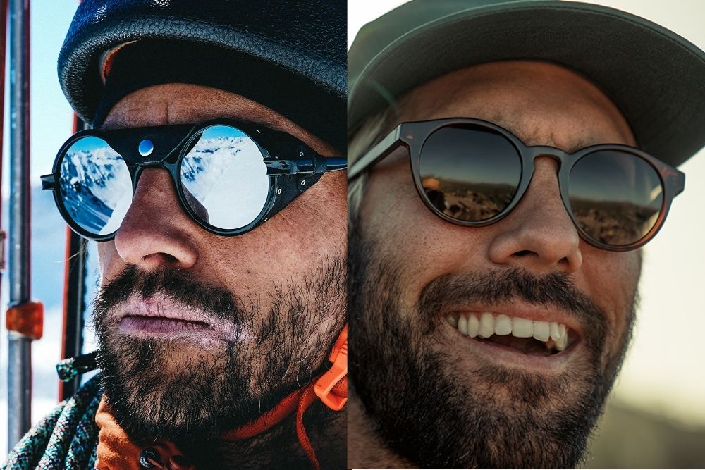 Two photos of a mountaineer and a traveller wearing glasses