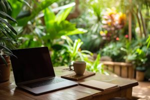 A laptop belonging to a digital nomad in a green cafe environment