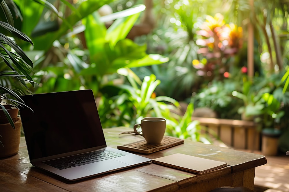 A laptop belonging to a digital nomad in a green cafe environment