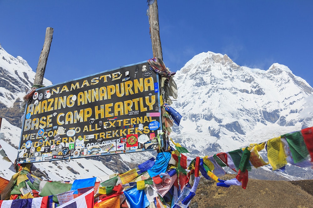 Annapurna base camp sign along the Annapurna Sanctuary long-distance trek
