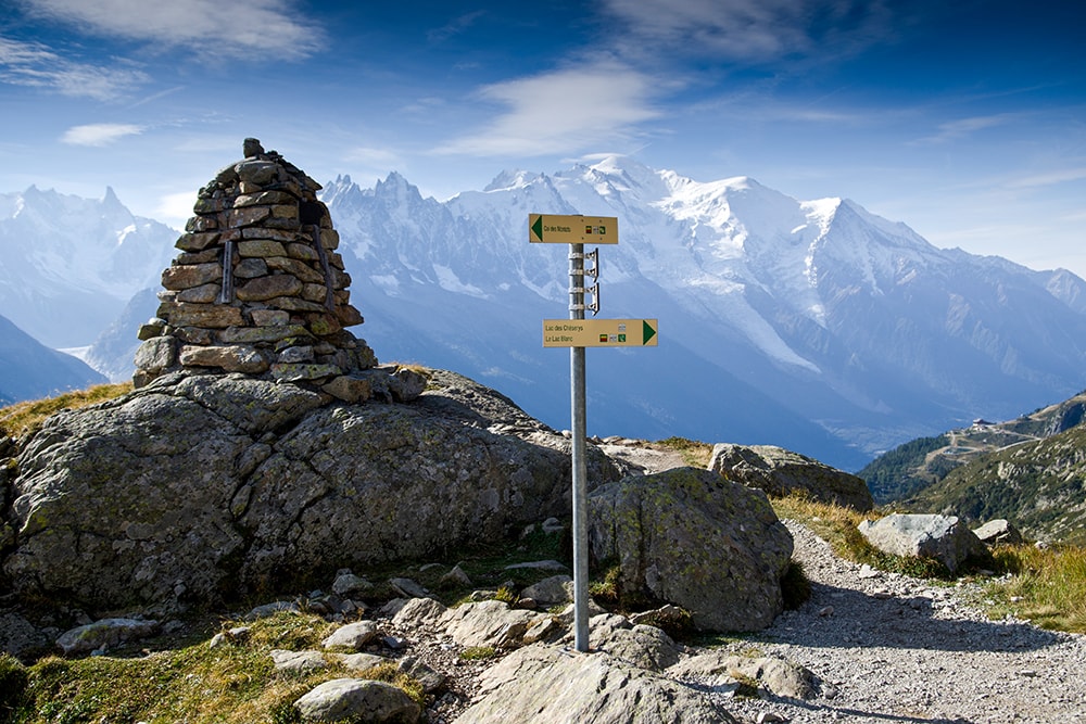 Signposts and a cairn with Mont Blanc in the background