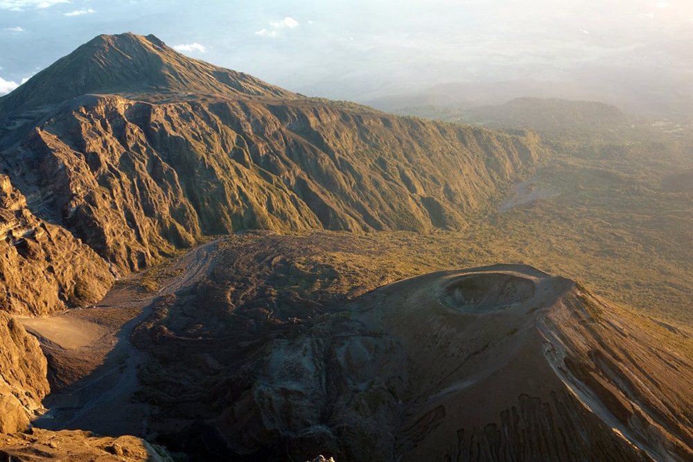 Summit view looking across the ash cone trekking Mt Meru route