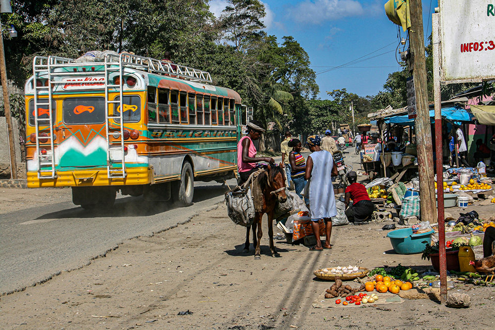 A donkey, street hawkers and a bus on a road in Haiti