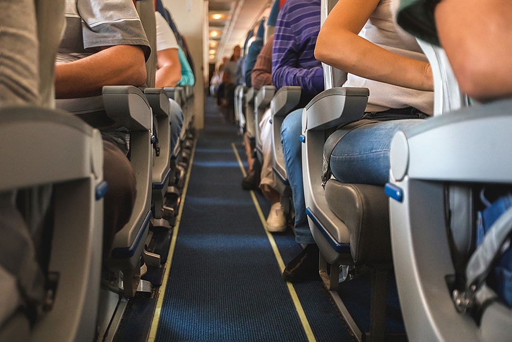 Looking along an aisle on a plane