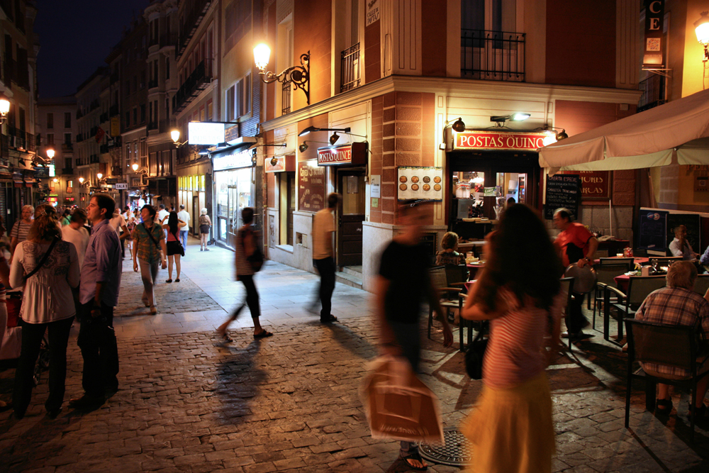 A bustling street scene in Madrid