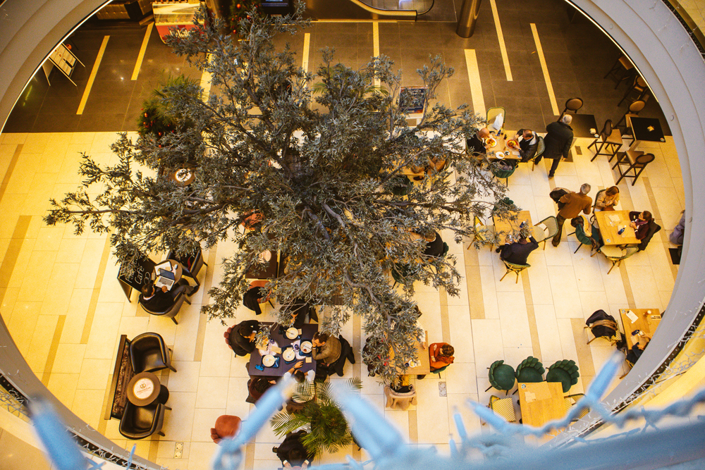 An aerial view of a coworking space